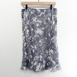 Vintage 90s Silk Midi Skirt in Gray Paisley Print Size Large Whimsygoth Fairy